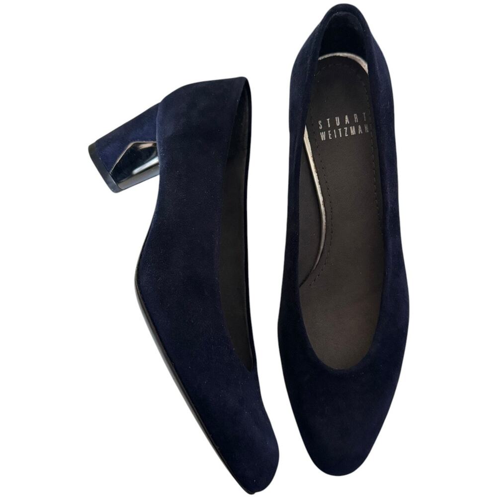 Vintage Stuart Weitzman Navy Blue Suede Leather Almond Toe block heels size 5